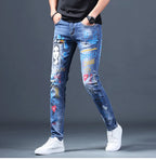 Spring Autumn Harajuku Fashion Art Craft Graphical Paintings 2000s Streetwear Male Slim Boyfriend Stylish Pants Denim Jeans Men