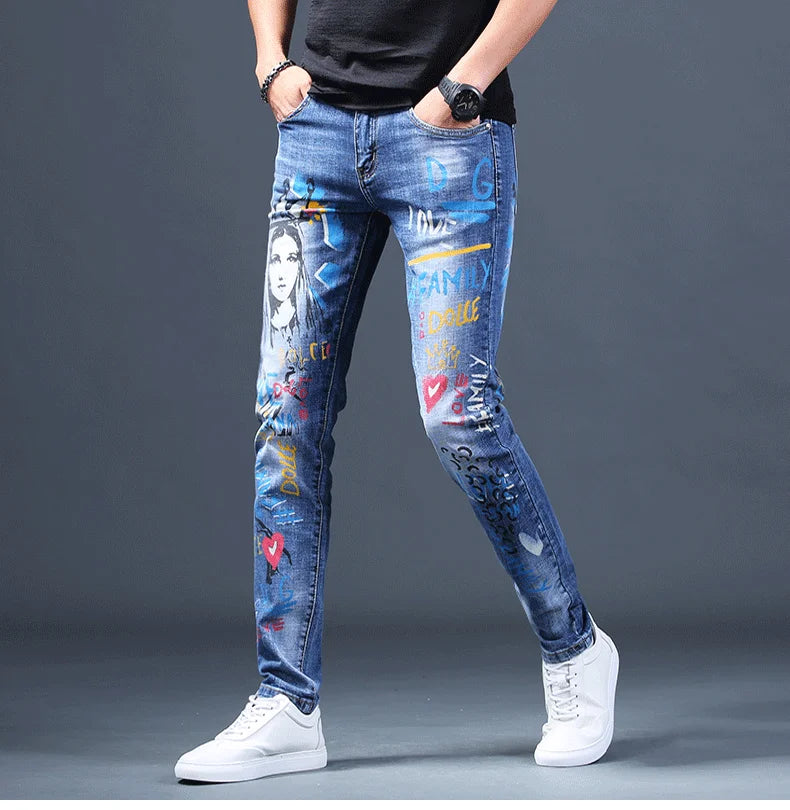 Spring Autumn Harajuku Fashion Art Craft Graphical Paintings 2000s Streetwear Male Slim Boyfriend Stylish Pants Denim Jeans Men