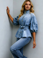 New Women's Retro Washed Lantern Short-sleeved Stand Collar Single-breasted Shirt, Fitted Waist and Belted Denim Top, Suitable for Everyday Wear.