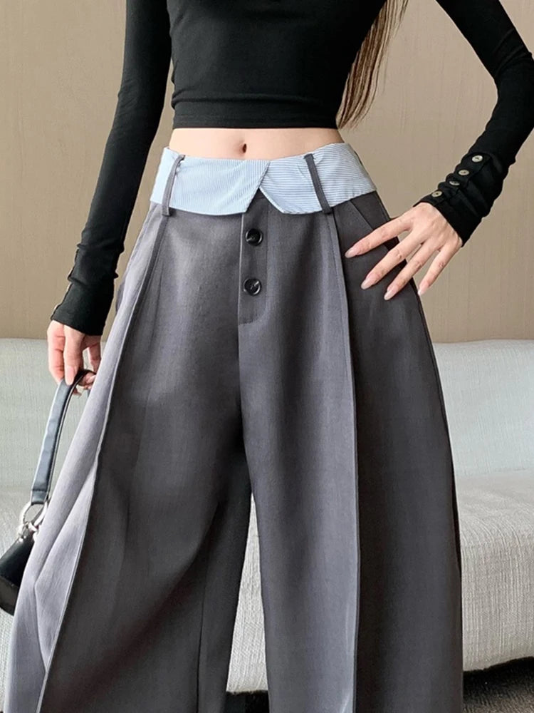 Suit wide leg pants women's autumn and winter striped patchwork high waisted casual fashion versatile straight leg pants