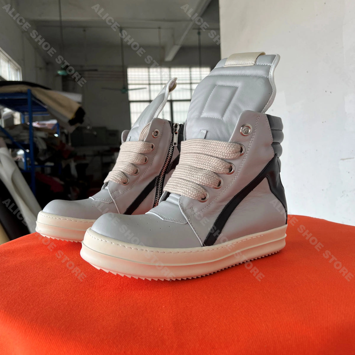 PENDRA Shadowline Grey Black Leather High-Top Zip Thick-Sole Ankle Boots
