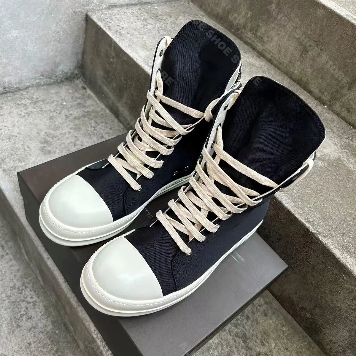 PENDRA Satin Eclipse Black Canvas High-Top Zip Lace-Up Platform Shoes