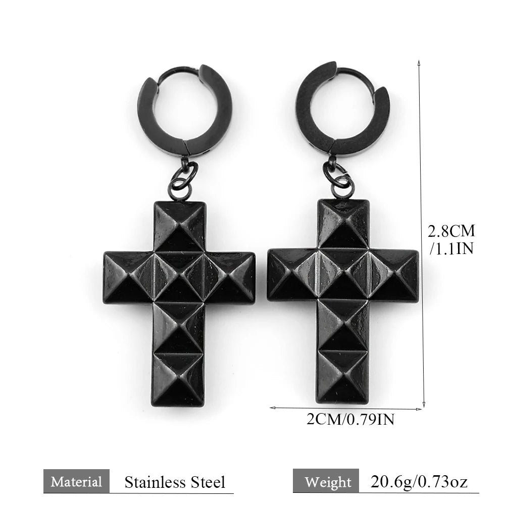 Stainless Steel Studded Rivet Cross Hoop Earrings Cool Punk Gothic Rock Pyramid Cross Drop Earrings for Men Women Goth Jewelry