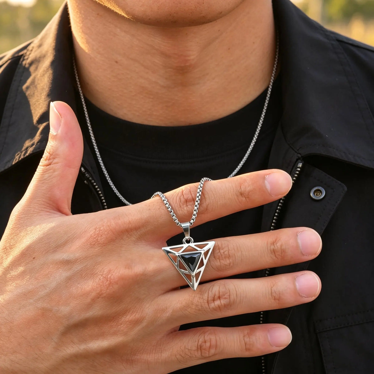 Black Triangle Stone Pendant Necklace for Men,Stainless Steel Hollow Geometric Pendant Necklace,Gothic Punk Hip Hop Jewelry Gift
