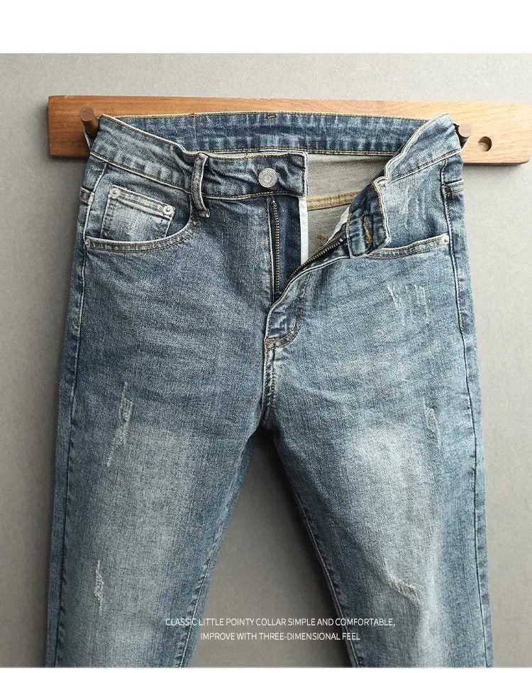 Men's Cropped Jeans Slim Fit Korean Trendy 2026 Spring Summer Blue Youth Trendy High-end Motorcycle Pants Men Man Trousers