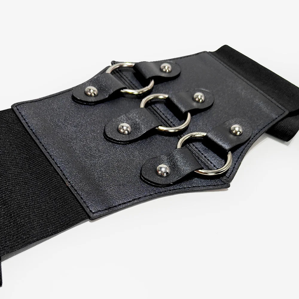 Gothic Triple Buckle with Black Rivet Corset Belts Female Studded Elastic Waspie Waistband Punk Coat Dress Belt For Women