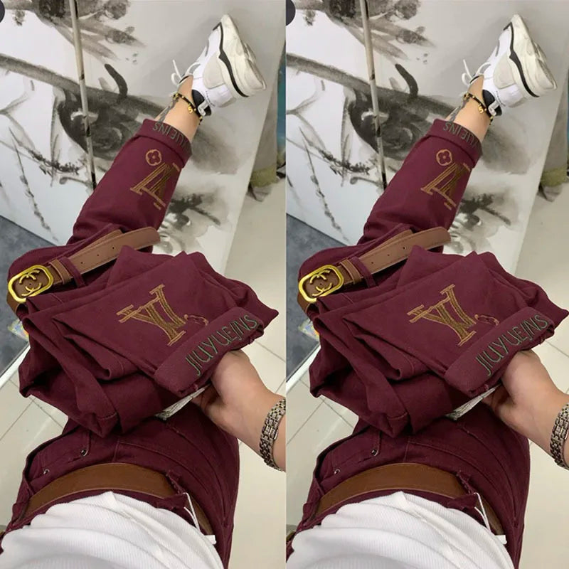 PENDRA Letter Embroidery High Waist Straight Jeans