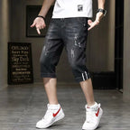 Clothes Y2k Man 2000s Summer Thin Stripe Men's Loose Casual Shorts Korean Denim Luxury  Elastic Waist Knee Pants Black Jeans Man