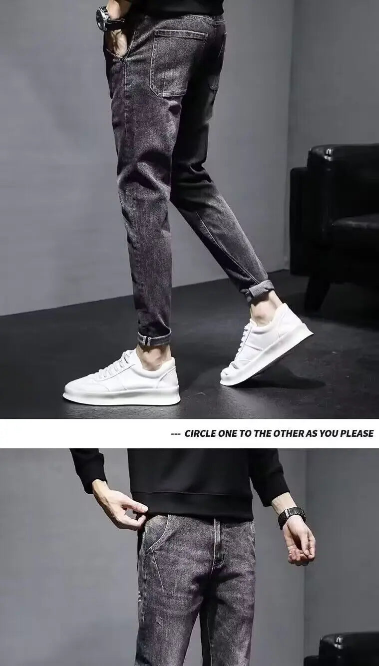 Autumn 2025 New Jeans Men's Trendy Brand Retro Casual Trousers Student Fashion Printing Elastic Skinny Jeans Men Trousers