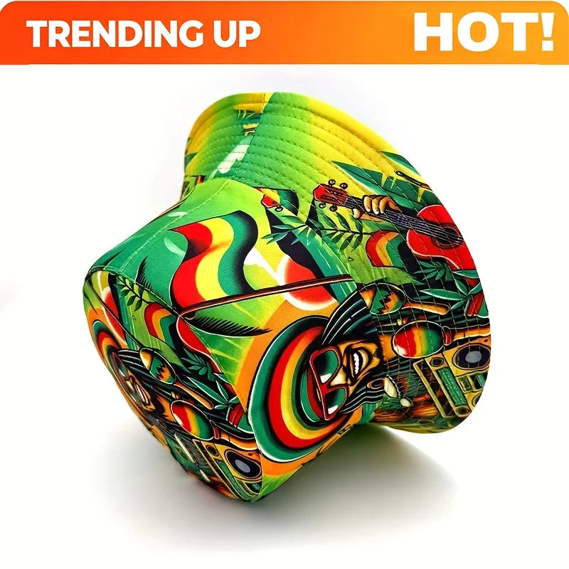 PENDRA Hip-hop Jamaican Character Print Double-sided Bucket Lightweight Fisherman Bucket Hat