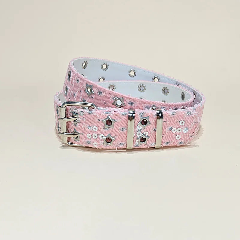 Punk Star Eyelet Denim Fabric Belts For Women High-end Luxury Brand Unisex Jeans Retro Gothic Belt Blue Waistband Y2K Pink Belt