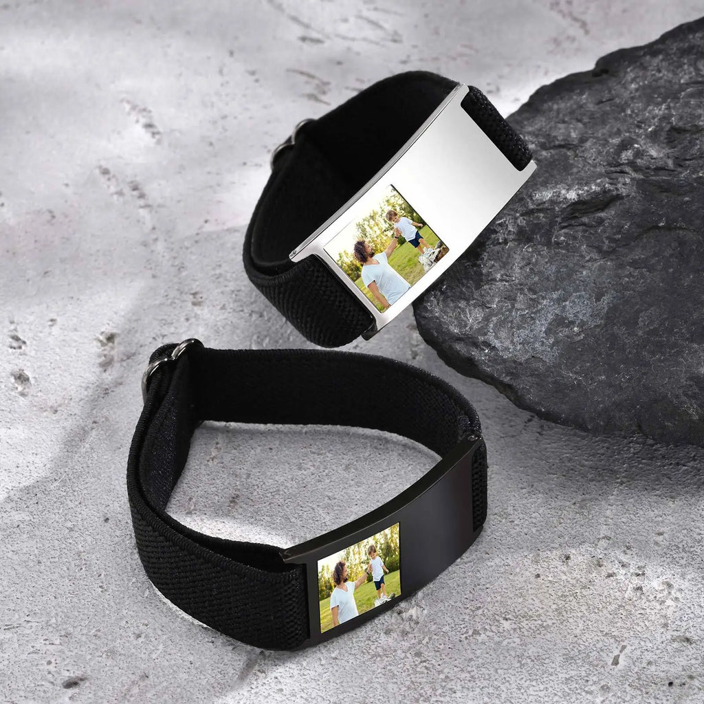 Engrave ID Bracelet for Boy Girls,Personalized Stainless Steel Fabric Elastic Bracelet,Family Photo Wristband Gift