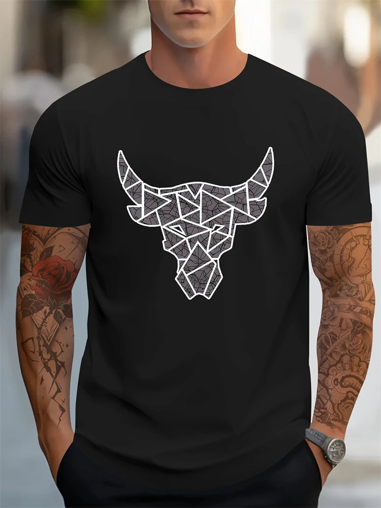 Summer Daily Casual Men's T-shirt Urban Fashion Men's Short-sleeved Outdoor Sports Fitness Training Tee Bull Print Men's T-shirt