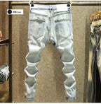 2025 Summer Ripped Jeans Men's Slim-fitting Small Feet Elastic Trousers Trendy Brand Fashion Scratched Patch Cargo Beggar Pants