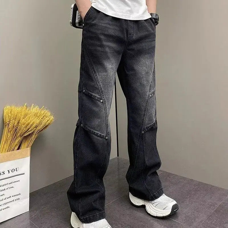 PENDRA Drawstring Elastic Waist Harlan Straight Black Cargo Hombre Jeans
