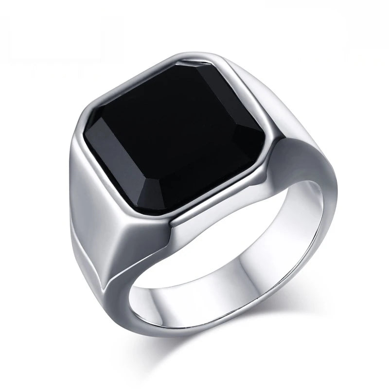Rock Punk Geometric Square Natural Stone Signet Rings for Men, Stainless Steel Party Wear Finger Ring Gift Jewelry