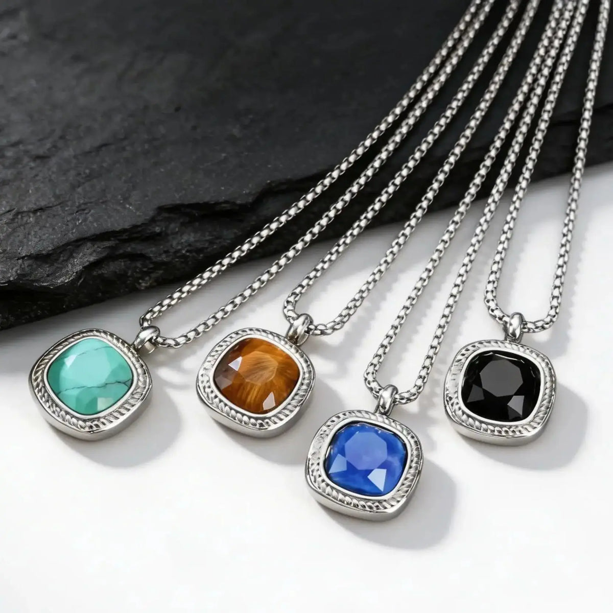 Stylish Geometric Necklace for Men Boys,Stainless Steel Black Glass Natural Stone Square Pendant,Original Design Male Gifts