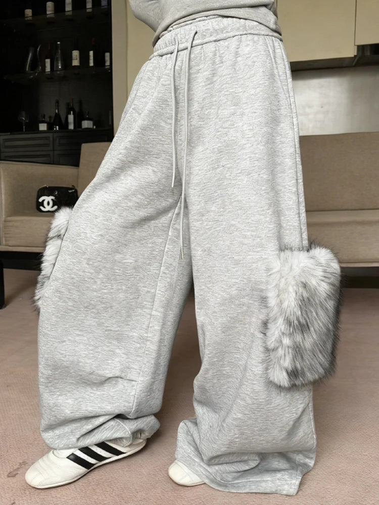 Grey sports pants women's 2025 new winter fur niche design drawstring elastic waist loose and lazy style wide leg pants