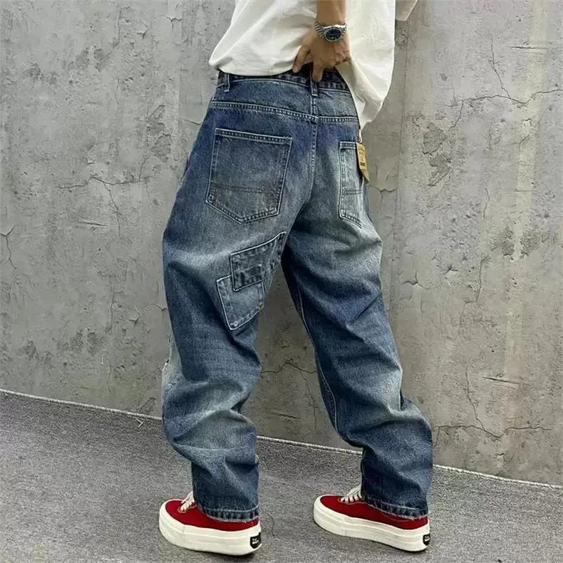 Brand Splicing Jeans Autumn Fashion Loose Straight Harem Pants Washed Tooling Baggy Trousers Low Rise Streetwear Men Cargo Jeans