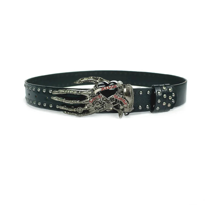 Unisex Jeans Belt Female Plus Size Gothic Punk Y2k Designer Belts For Women Skull Hand Heart Black Rivet Men's Belt Male Dark