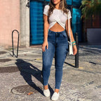 Hip lifting high waisted zipper hem tight jeans, multi pocket high stretch casual denim work pants, women's jeans and clothing