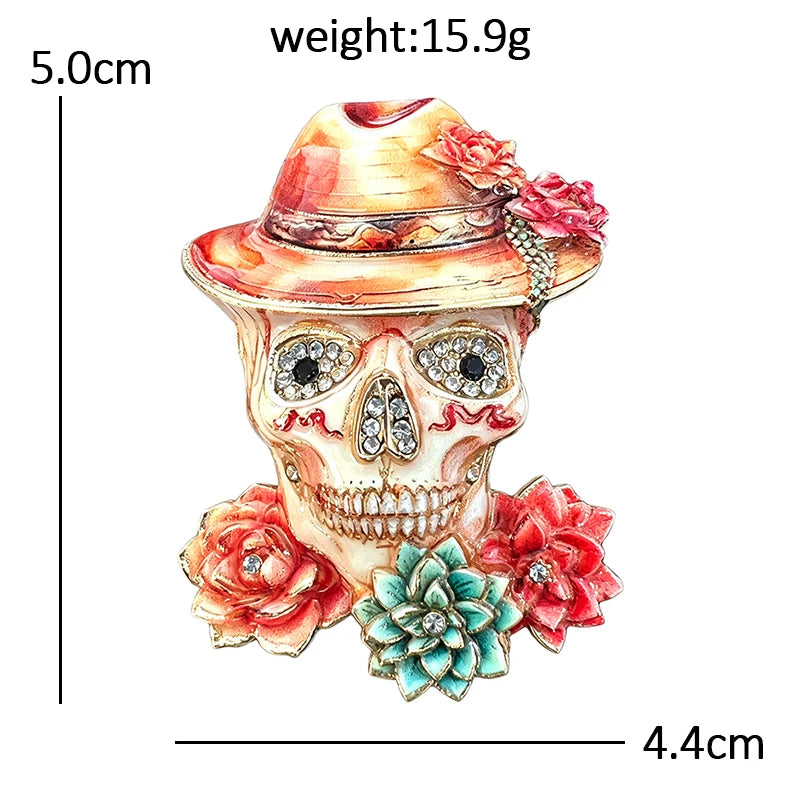 PENDRA Retro Wear Flowers Hat Skull Brooch