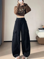 Corduroy cargo wide leg pants women in winter 2025 new high waisted loose fit slimming and ankle tied casual pants