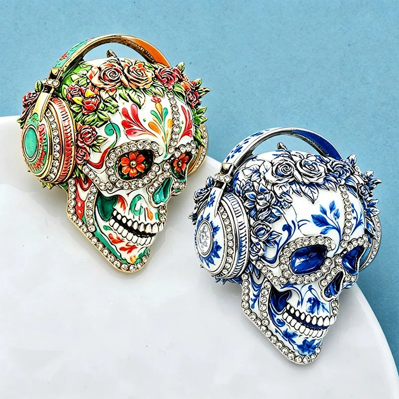 Wuli&baby Wear Headphone Skull Brooches For Women Unisex 2-color Enamel Sugar Skeleton Character Halloween Party Brooch Pin Gift