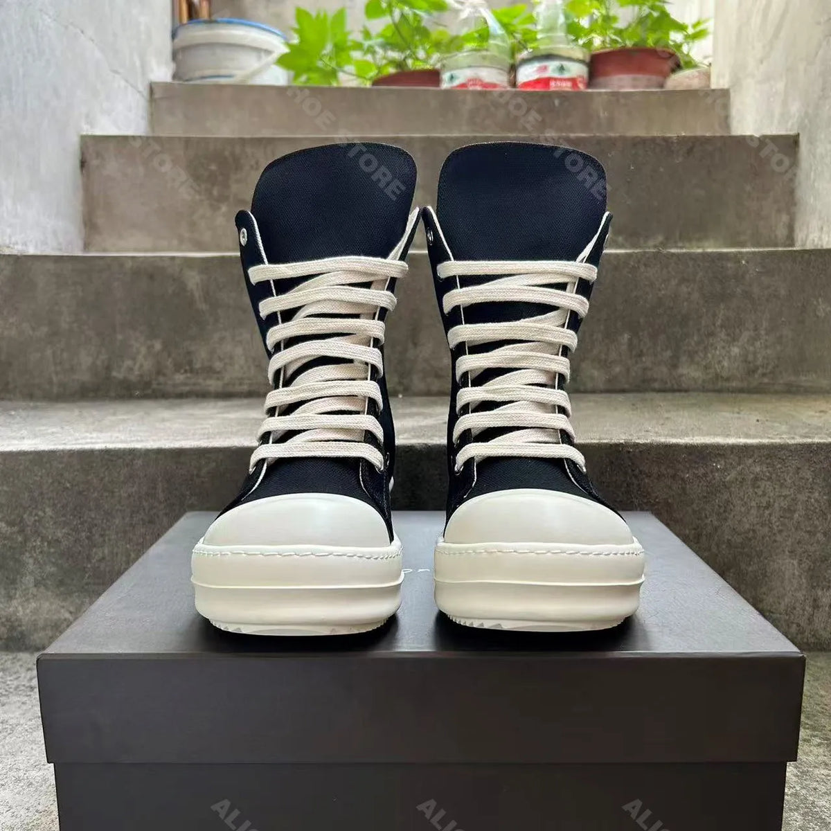 PENDRA Metalcore Black Canvas High-Top Metal-Hole Zip Lace-Up Sneakers