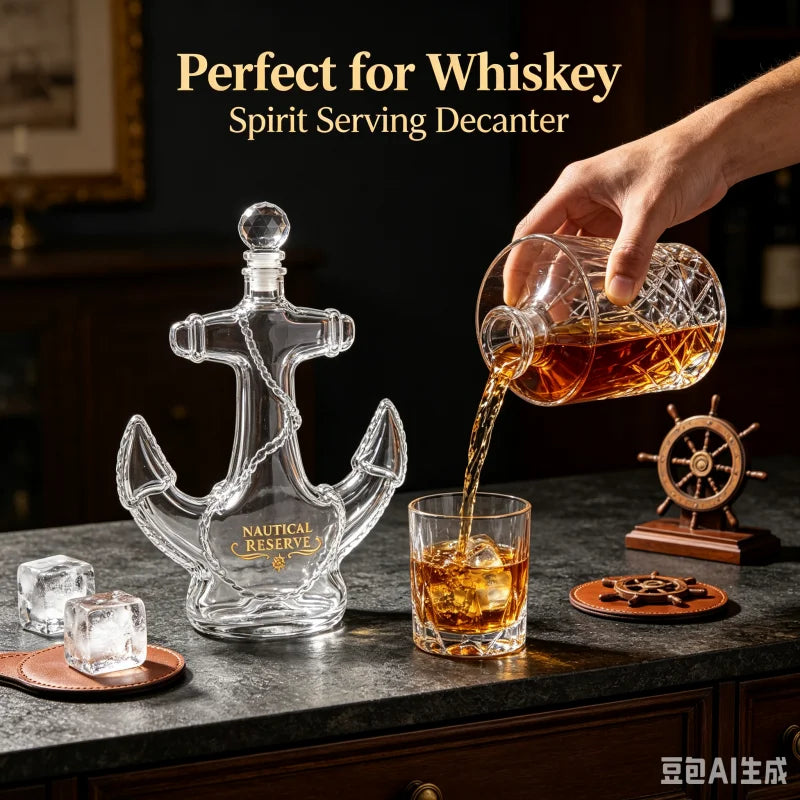 Creative Anchor Shape Glass Spirits Decanter 350ml Whiskey Storage Bottle with Gold Nautical Sticker for Bar Decor Gift