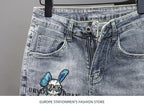 New Kpop Summer Casual Knee Length Men's Jeans Shorts Fashion Embroidered Rabbit Printed Hot Drilled Slim Thin Short Trousers