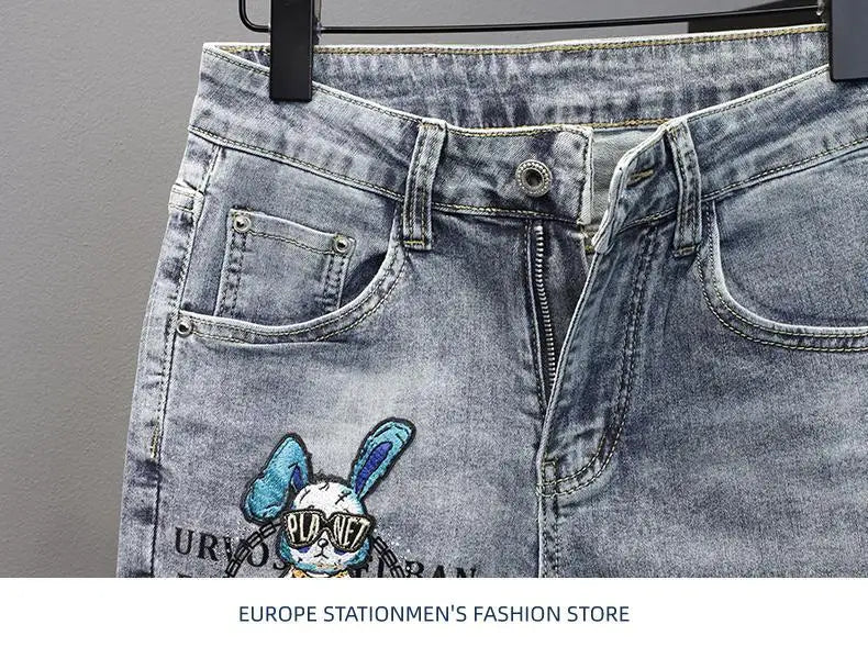New Kpop Summer Casual Knee Length Men's Jeans Shorts Fashion Embroidered Rabbit Printed Hot Drilled Slim Thin Short Trousers