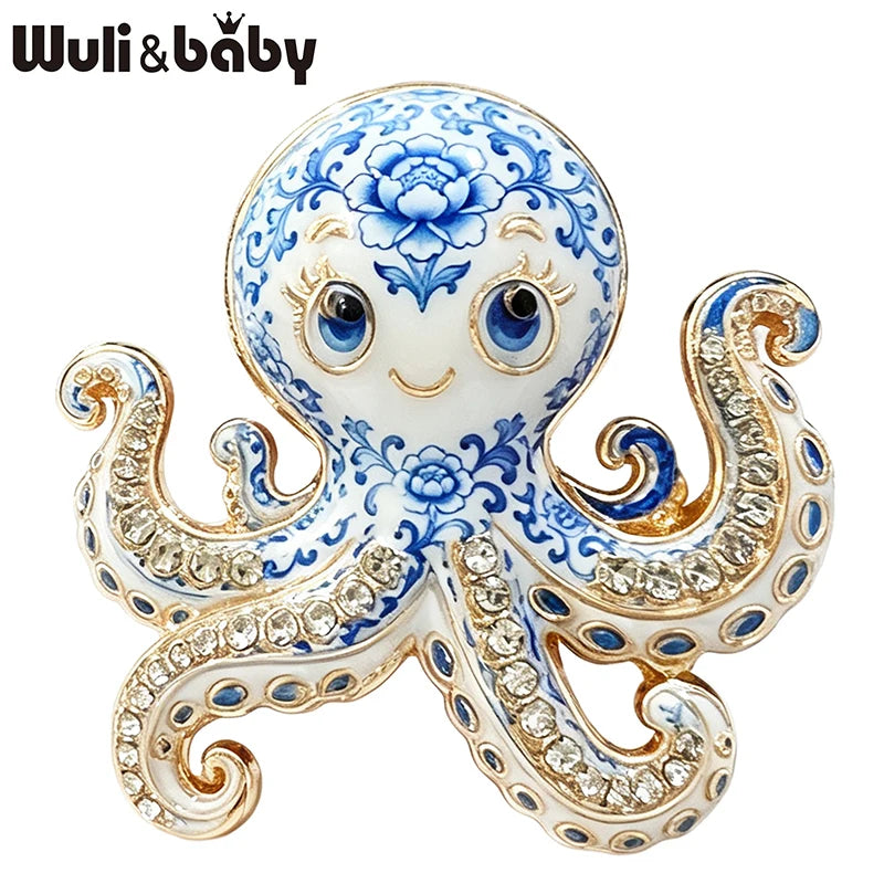Wuli&baby Cute Octopus Brooches For Women Unisex 5-color Rhinestone Enamel Colorful Ocean Animal Party Casual Brooch Pins Gifts