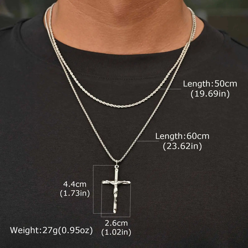2pcs Catholic Crucifixion Necklace for Men,Stainless Steel Stacked Cross Chain Necklace,Birthday Party Punk Jewelry Gift