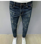 Harajuku Fashion Autumn New Blue Jeans Men's Trendy Brand Scratches Cargo Work Korean Slim-fitting Trousers Luxury Elastic Pants