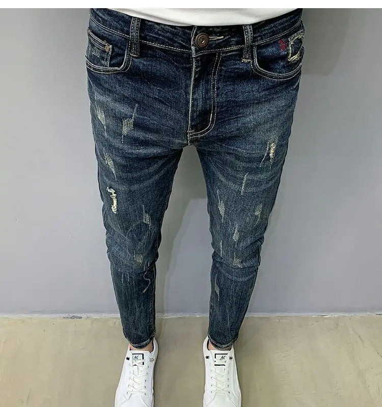 Harajuku Fashion Autumn New Blue Jeans Men's Trendy Brand Scratches Cargo Work Korean Slim-fitting Trousers Luxury Elastic Pants