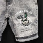 Korean Fashion Kpop Men's Casual Streetwear Boyfriend Designer Denim Shorts with Rabbit Embroidery for Summer Grey Short Jeans
