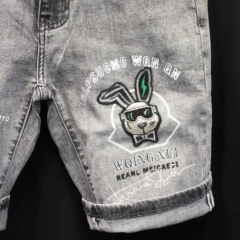 Korean Fashion Kpop Men's Casual Streetwear Boyfriend Designer Denim Shorts with Rabbit Embroidery for Summer Grey Short Jeans