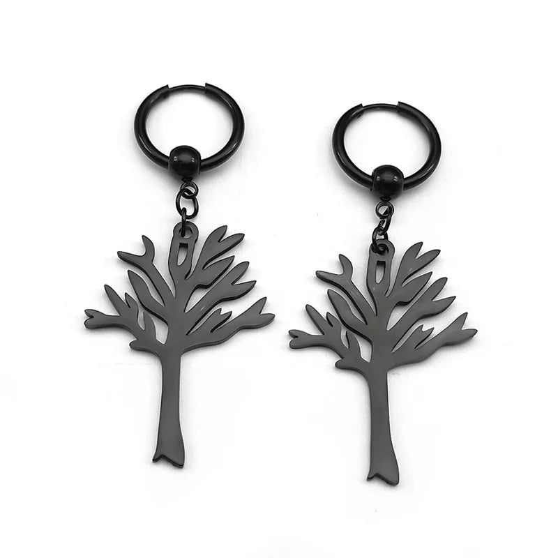 Stainless Steel Music Band Hip Hop Tree of Life Hoop Earrings for Women Silver Color Gothic Punk Earring Jewelry Gift E3404S06