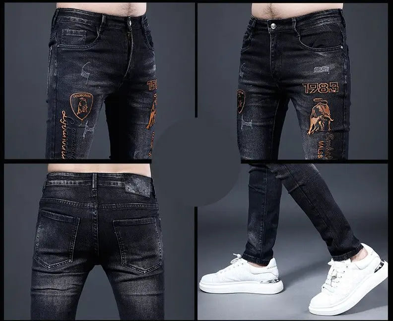 2025 Summer Ripped Jeans Men's Slim-fitting Small Feet Elastic Trousers Trendy Brand Fashion Scratched Patch Cargo Beggar Pants