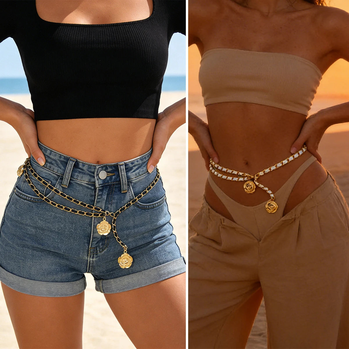 High Quality Metal Waist Chain Belts For Women Flower Sun Pendant Chain Strap Rope Female Fine Waistband Dress Shirt Decoration