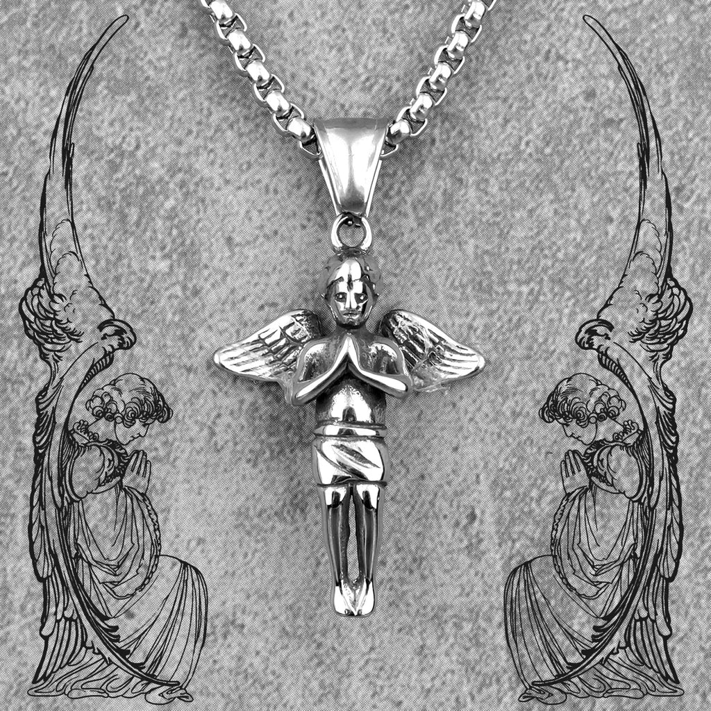 Angel Prayer Child Stainless Steel Men Necklaces Pendants Chain Religion for Boyfriend Male Jewelry Creativity Gift Wholesale