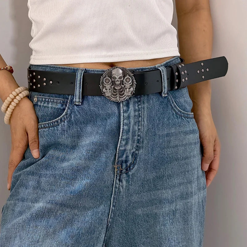 Unisex Jeans Belt For Men and Women Skull hold guns Bucket Gothic Women's Belt Female Designer Black Rivet Punk Accessory Male