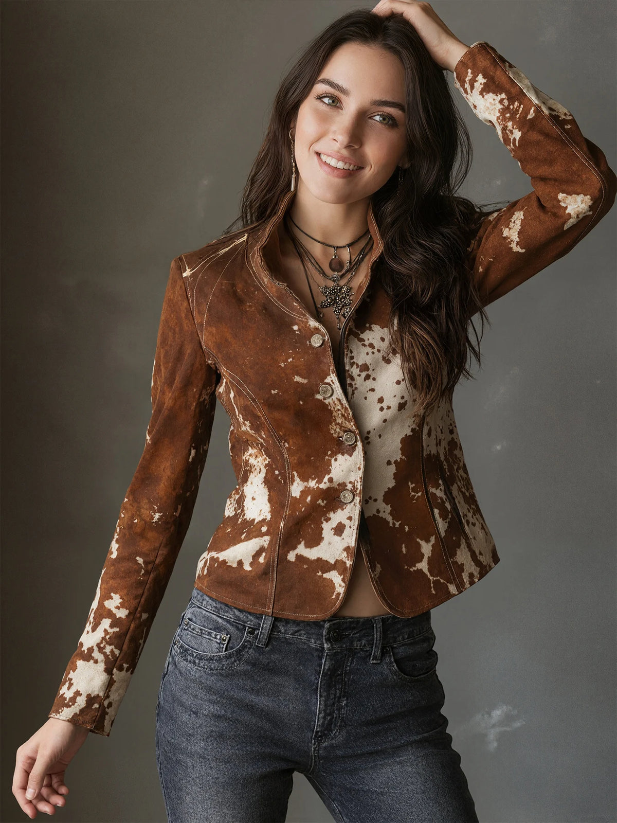 New Women's Long-Sleeved, Single-Breasted Jacket With A Unique Printed Design And Lapel Collar. Slim Fit, Machine Washable.