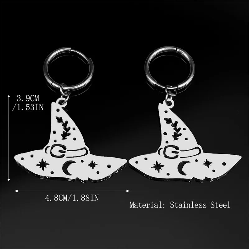 Witch Hat Star Moon Hoop Earring for Women Stainless Steel Black Silver Color Halloween Charm Earrings Gift Jewelry