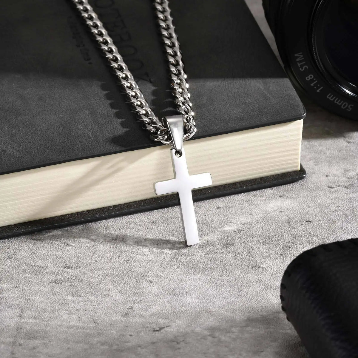High Quality Cross Necklace for Men Boys,Stainless Steel Pendant with 5MM Cuban Chan,Classic Simple Jewelry Gift