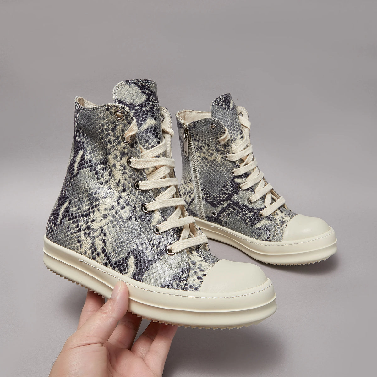PENDRA Python Shadow Black Python-Embossed Leather High-Top Platform Ankle Boots