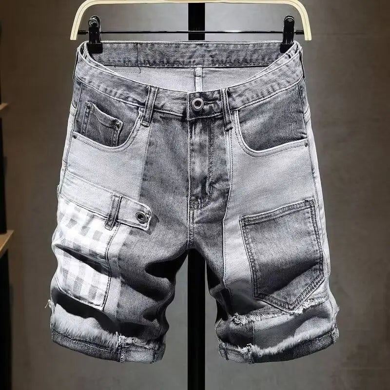 Summer 2025 Retro Luxury Man Washed Splicing Denim Shorts Men's Loose Straight Ins Patchwork Cowboy Trendy Casual Short Pants
