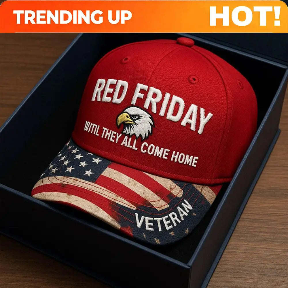 Red Friday Embroidered 'Will They All Come Home' American Flag Brim 'Veteran' Red Baseball Cap with Eagle Graphic & Red Button,