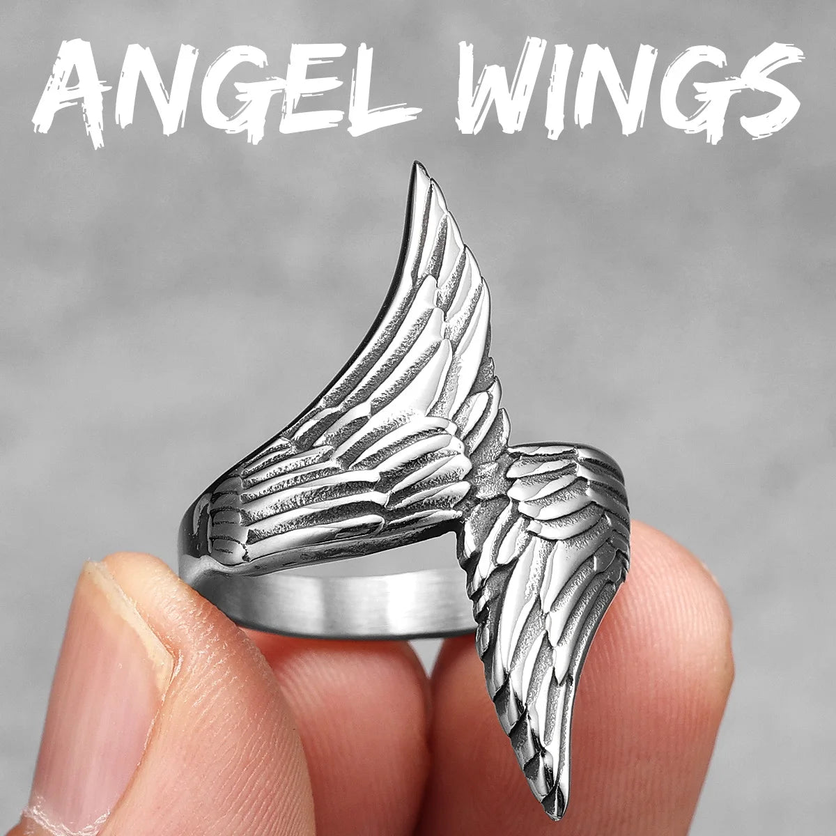 PENDRA Angel Wings Biker Steel Ring